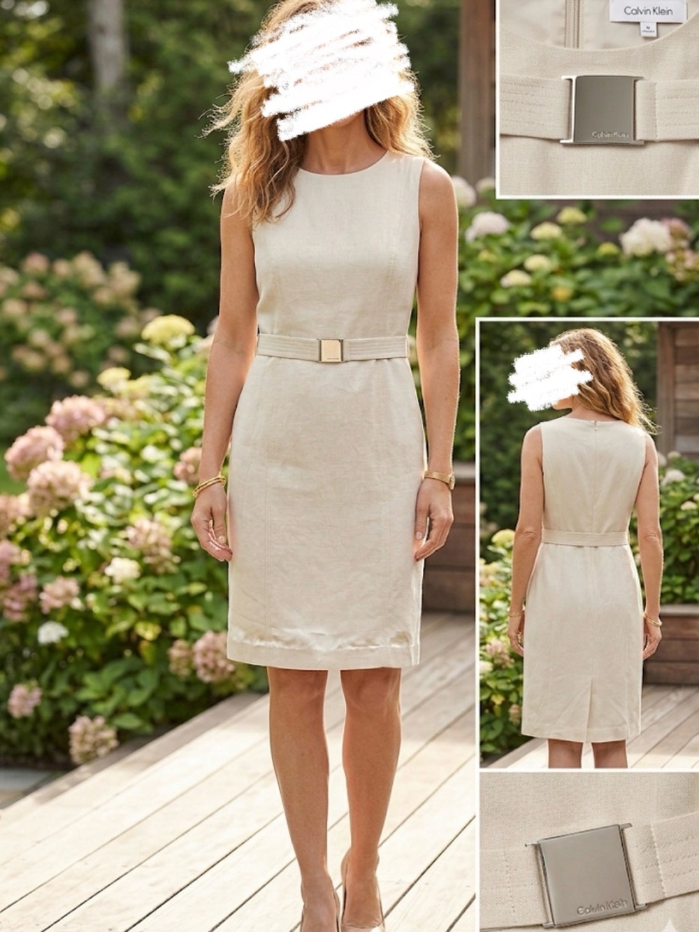 Calvin Klein Cream Sleeveless Sheath Dress with Belt Accent linen size 6